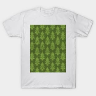 Green Evergreen Christmas Trees on Green Burlap Cloth T-Shirt